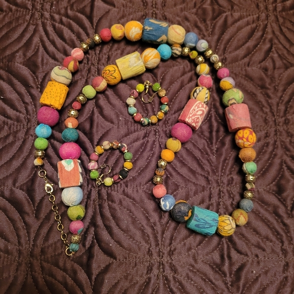 Multicolor Fabric Bead 32+ in. Necklace & 1 in. Hoop Earring Set - Picture 9 of 11